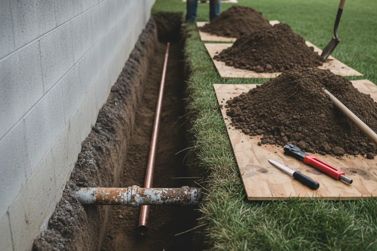 Excavated water line trench during Water Heater Repair in Dayton